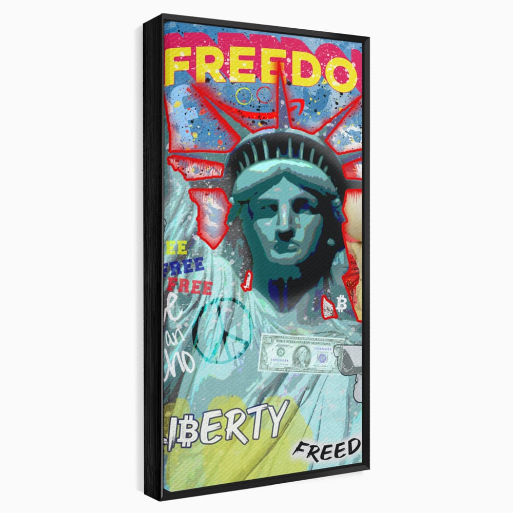 Tablou canvas cu tablou canvas cu statuia libertatii si graffiti, in rama de aluminiu negru